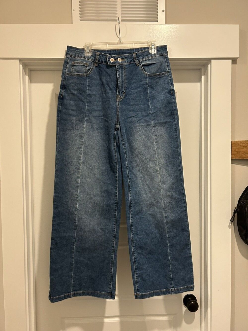 Women’s Wide Leg Jeans Sz 14 High Rise Stretch Medium Wash Classic Faded Comfort
